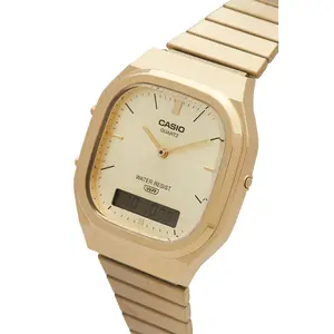 Original  AQ240 Series Dual Display Watch, Polished Gold Tone Stainless Steel Metal Band Waterproof Men Women Classic Analog Digital Wrist Watch