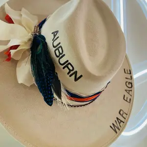 War Eagle Auburn Game Day Hat with Feathers & Gameday Color Silk Ribbons for Auburn Fans