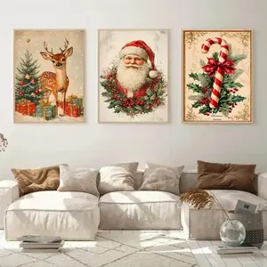 3pcs Wooden Frame Christmas Poster Set, Santa Candy Reindeer Decorations, Festive Holiday Wall Art, Sweet Treats Background, Cute and Cozy