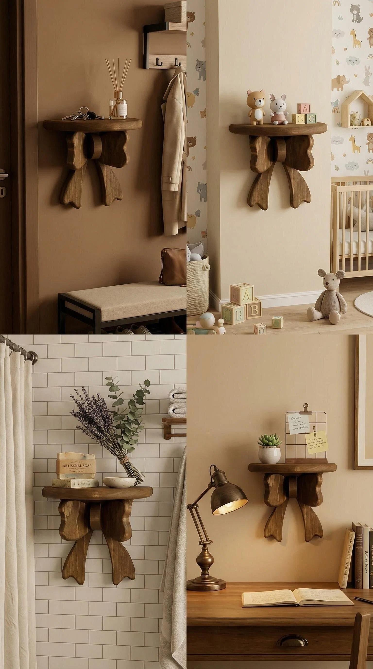 Vintage Wood Bow Wall Shelf - Cute Aesthetic Floating Shelf for Wall, Rustic Farmhouse Wooden Bow Display Stand, Space Saving Small Wall Shelves for Living Room Bedroom Bathroom, Perfect for Halloween Easter Thanksgiving Decor