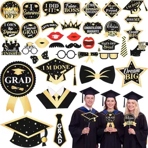 60 Pcs Graduation Photo Booth Props Class of 2026 DIY Photo Prop Kit Black and Gold Grad Supplies for Graduation Supplies Decorations