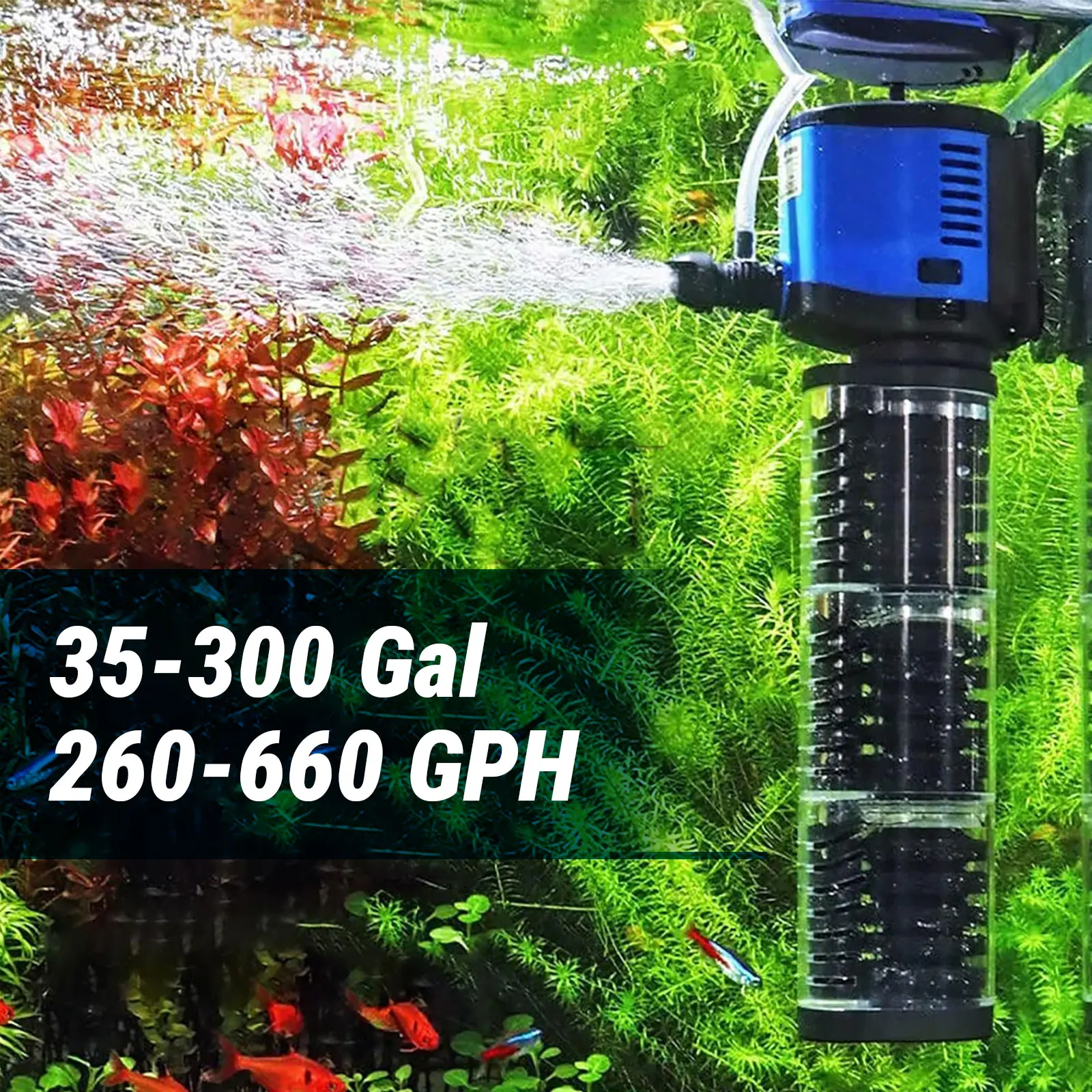 TARARIUM Aquarium Filter 3-Stage in-Tank Filter Internal 260GPH Fish Tank Filter for 30-75 Gal Tank with Wave Maker & Oxygen Supply, Turtle Tank Filters, Small Ponds,Saltwater & Freshwater Systems, fish tank accessories