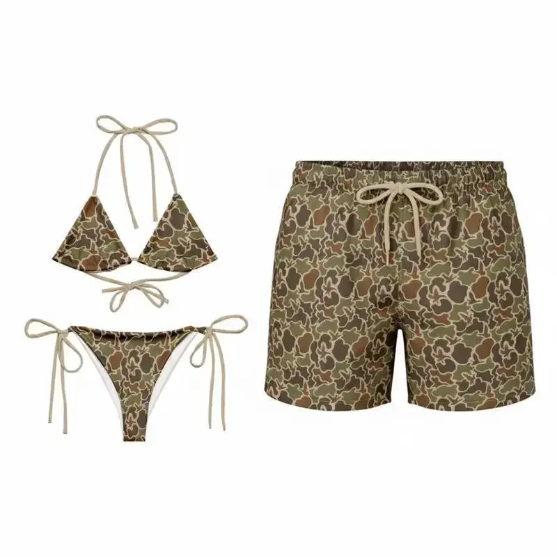 Matching Couple Camo Duck Print Swimwear Set for Couples -Swim Bra & Tie Side Thong Bikini + Men's Beach Shorts, Summer Vacation "