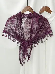 Women's Vintage Lace Triangle Shawl, Rose Pattern with Fringe, Multifunctional Scarf, Elegant Neck Decoration, Perfect for Weddings and Valentine's Day Gifts, Fringe Trim Shawl