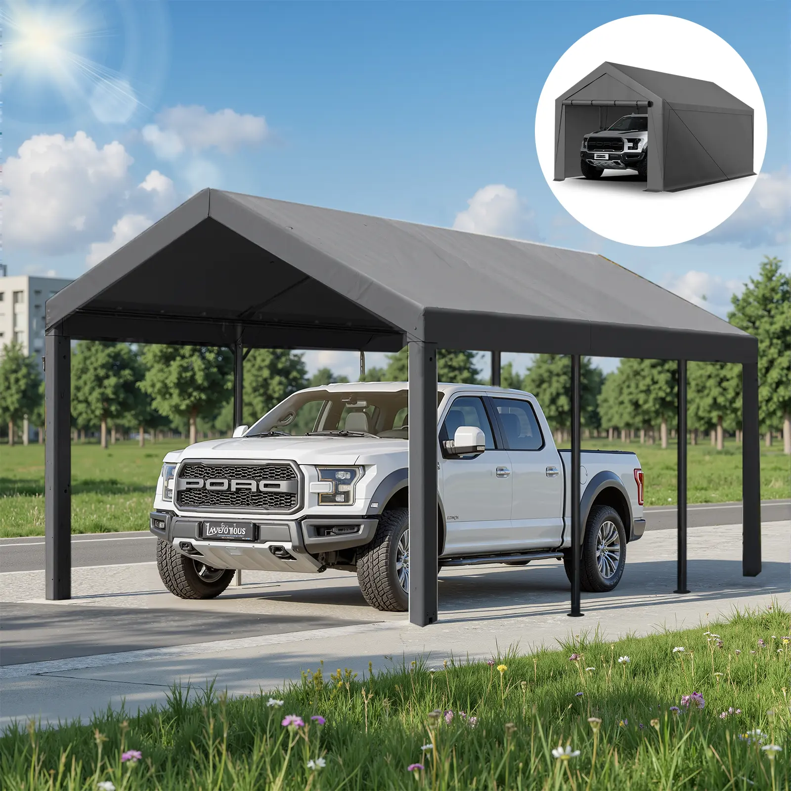 Grezone Durable 10x20 ft Heavy-Duty Steel Frame Carport Canopy Shelter - Removable Sidewalls & Doors for Vehicle Parking, Outdoor Storage, Home Essentials (Fits Car, Truck, Boat, Equipment)