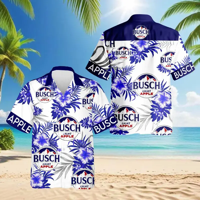 Busch.Light Apple Tropical Flower Hawaiian Shirt Casual Tropical Short Sleeve Button Down Shirt Top Menswear SNG