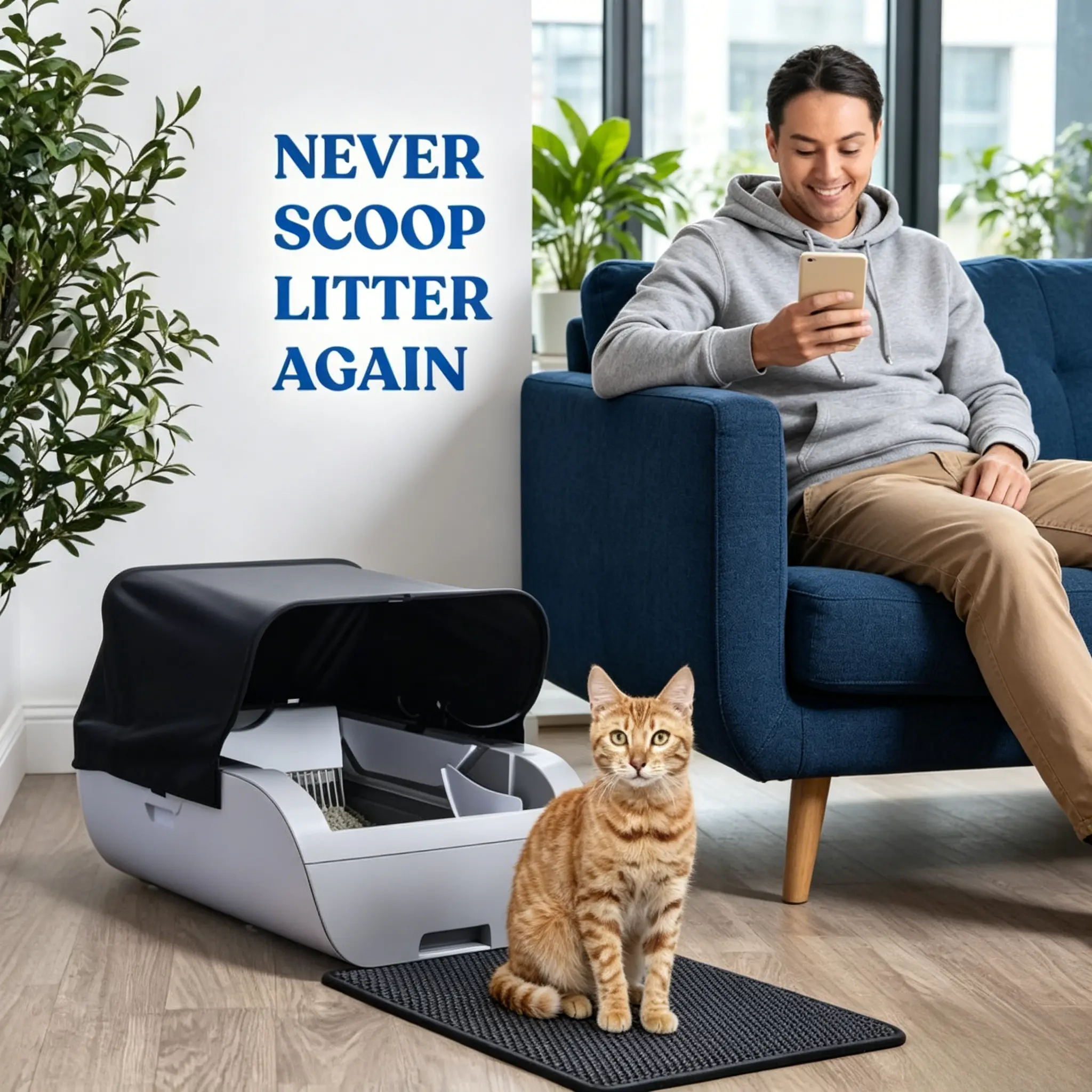 Smart Automatic Self-Cleaning Cat Litter Box - Cream White ABS, 2.4G & 5G Compatible, 23.15 lbs Capacity, 29.93"L x 19.61"W x 19.61"H, Wide Opening for 71-90 lbs Extra Large Cats, WiFi App Control & Observation, Automatic Litter Box, American Design, Dura