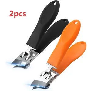 2pcs Wide-mouth, splash-proof, angled nail clippers; extra-sharp, large size, angled stainless steel toenail clippers; long handle, curved blade, suitable for thick nails.