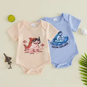 Infant Baby Boy Shark Waffle Knit Bodysuit - Short Sleeve Ocean Embroidered Romper