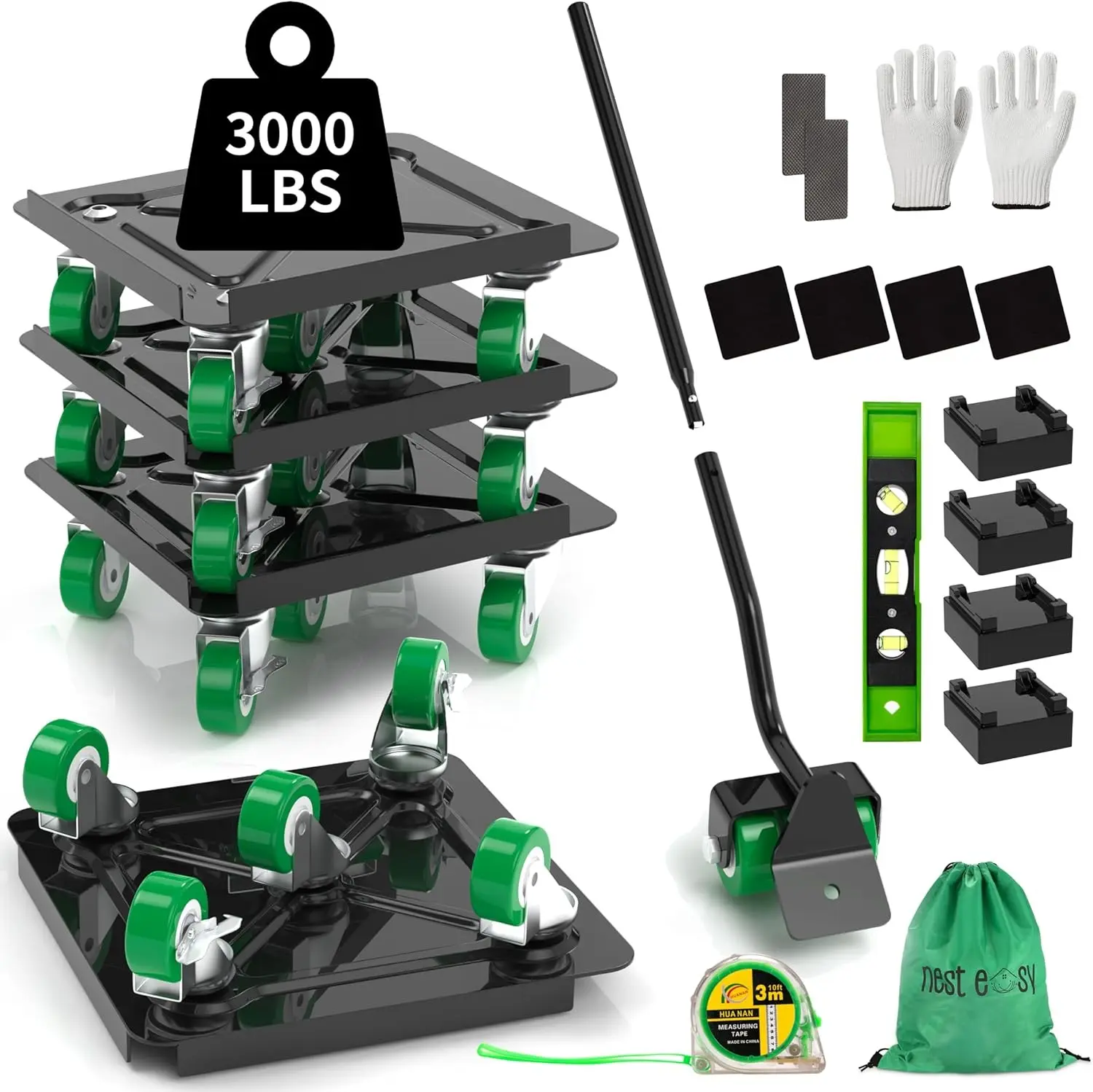 Heavy Duty Furniture Dolly 360° Rotating 5 Wheels, Alloy Steel Furniture Movers Up to 3000 lbs/1360 Kg Load Capacity with Measure Tape and Leveler (5.3x5.3 in)