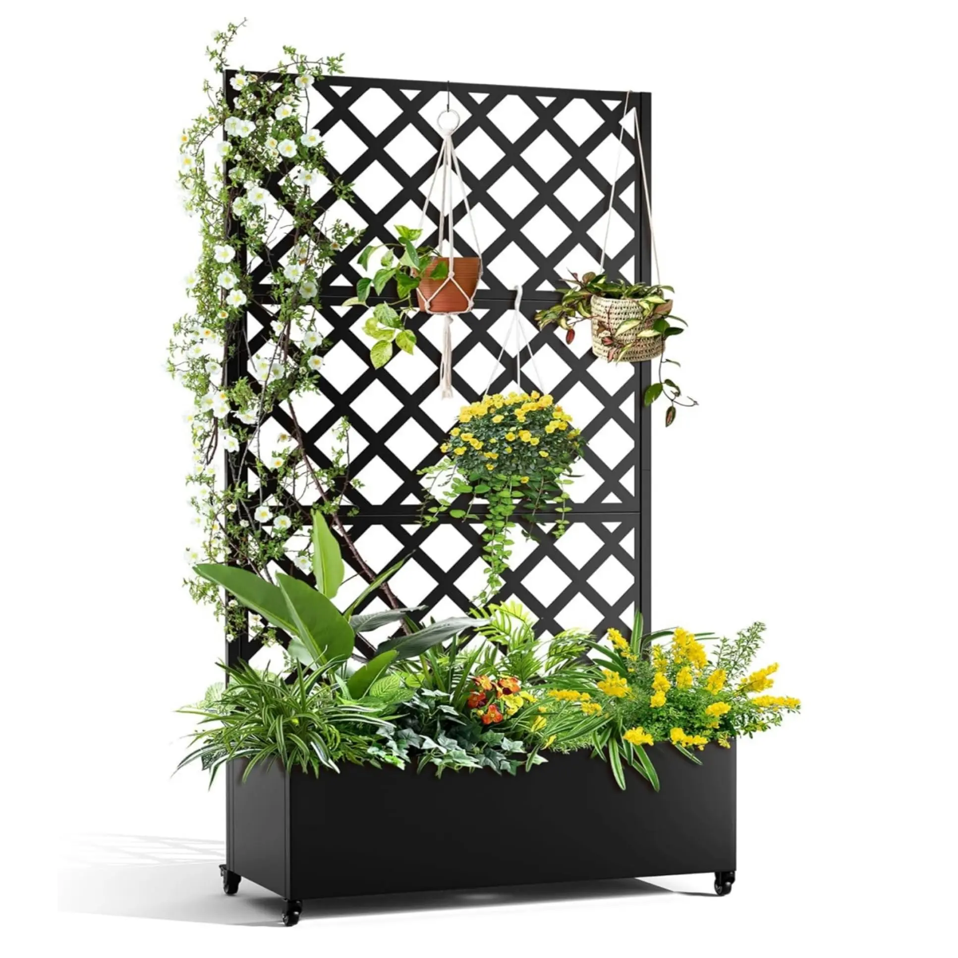 Garvee American Pre-Assembled Rectangular Metal Planter Box with Diamond Lattice Trellis Support - 72"x47" Galvanized Raised Deep Bed, Drainage Holes, Wheels, Black Finish for Balcony Climbing Plants, Ideal for Gardening Enthusiasts