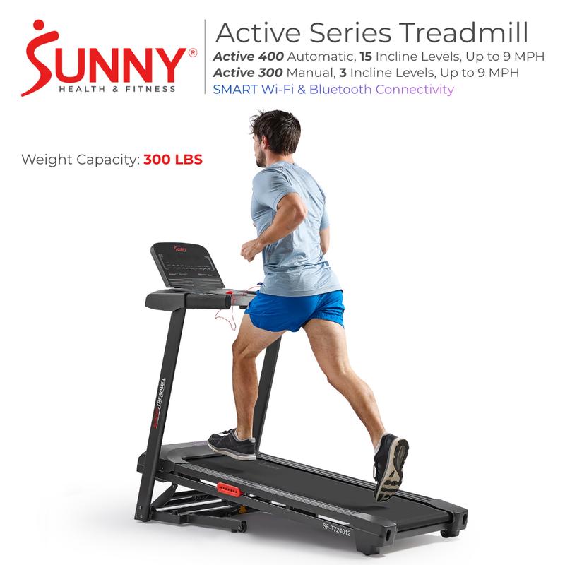 Sunny Health & Fitness Active Series Foldable Automatic/Manual Incline Treadmill w/ 16"W x 50"L Running Deck, Up to 9 MPH, Up to 300 LBS Capacity, Smart Wi-Fi Bluetooth Home Gym Workout Equipment Indoor Soft Shock Absorbent Advanced LED Display Foldable