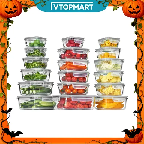 [Video Only] Vtopmart 18 Pack Combo Glass Food Storage Containers with Lids -Stackable Design for Kitchen Utensils Oven Microwave Freezer Dishwasher Kitchenware Lunch Compartment Airtight Meal Prep Silicone Stretch Lids