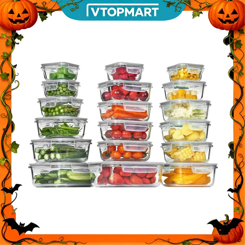 [Video Only] Vtopmart 18 Pack Combo Glass Food Storage Containers with Lids -Stackable Design for Kitchen Utensils Oven Microwave Freezer Dishwasher Kitchenware Lunch Compartment Airtight Meal Prep Silicone Stretch Lids