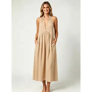 Fan Favorite AgeRose Halter Neck Maxi Dress Women Minimalist Casual Loose Fit Summer Beach Vacation Long Dress Lightweight with Pockets
