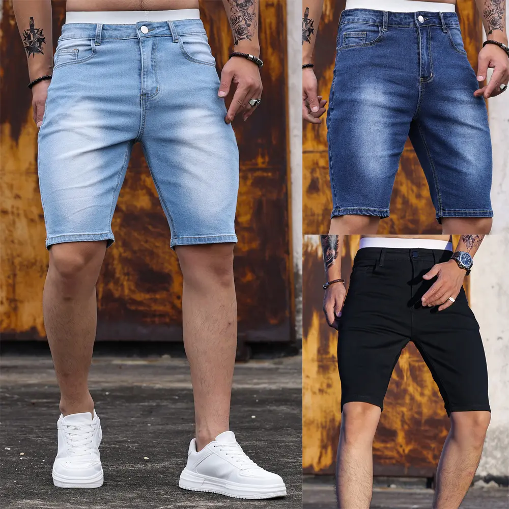 Men's Fitted Cut Stretch Low-Rise Knee-Length Raw Wash Denim Jeans Shorts - Breathable, Raw Hem, Button Closure, Pocket, Normal Type, Polyester Elastane Streetwear Menswear Bottoms
