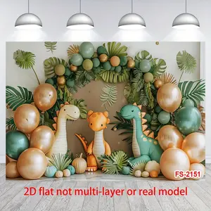 1PC,2D Flat Cartoon Dinosaur Theme Party Backdrop, Jungle Green Plants Balloon Decor Baby Birthday Decoration Background Wall, Children's Photography Photo Prop Backdrop FS - 2151