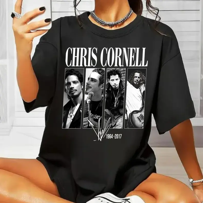 Chris Cornell Tribute Shirt Rock Legend Graphic Tee Vintage Black and White Portrait Grunge Music Fan Gift T-Shirt – 90s Grunge Rock Band Mashup Tee for Music Fans, Men, Women, and Vintage Style Lovers