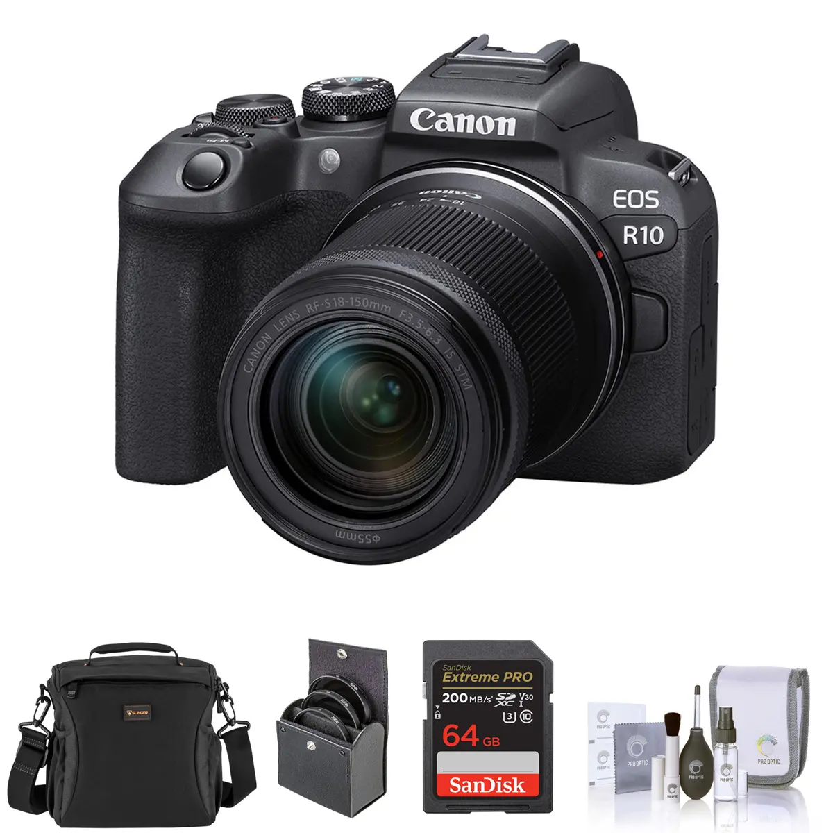 Canon EOS R10 Digital Mirrorless Camera with RF-S 18-150mm f/3.5-6.3 IS STM Lens, 3" LCD, Built-In Li-Ion Battery, CMOS Sensor, Image Stabilization, Bundle with 64GB Memory Card, Shoulder Bag, 55mm Filter Kit, Cleaning Kit