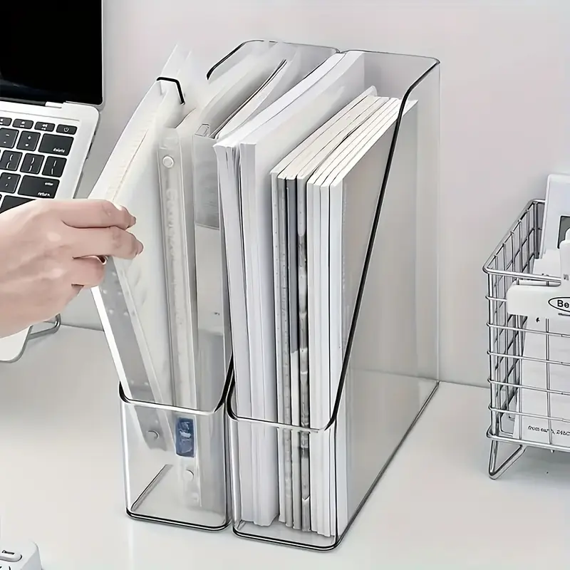 2 Pack White Clear Plastic Magazine Book File Storage Rack With Drawer Layer Home Office Supplies Durable Storage Shelf For Desktop Or Bookshelf Easy Access File Organizer, Filing Organizer No Labels Needed