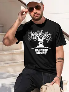 HAUNTED MOUND LOGO 2026 new model Black/White Tee Stylish & Comfortable Loose Crew Neck Short Sleeve T-shirts Versatile On Trend Eye Catching Printed Graphic Casual Tee for Daily Wear Outings & L