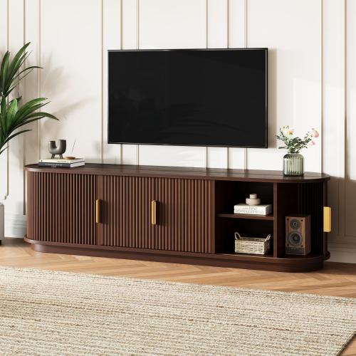 【Bellemave】 Farmhouse Wooden TV Stand with Sliding Tambour Door for TVs up to 75", Fluted Media Console with Adjustable Storage, Golden Handle TV Cabinet with Cable holes for Living Room, Natural