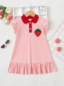 Toddler Girl's Strawberry Print Ruffle Hem Button Front Smock Dress, Cute Butterfly Sleeve Polo Neck Dress for Summer, Kids Clothes for Daily Wear, Fruit Print Dress