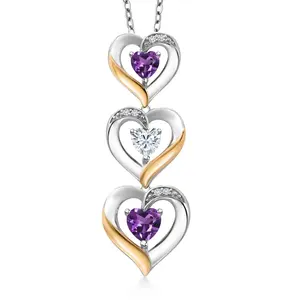 Gem Stone King 925 Silver and 10K Yellow Gold Triple 3-Heart Pendant Necklace for Women | 5MM Heart Shape Gemstone Birthstone with White Moissanite and Lab Grown Diamond Accents | Includes 18 Inch Chain