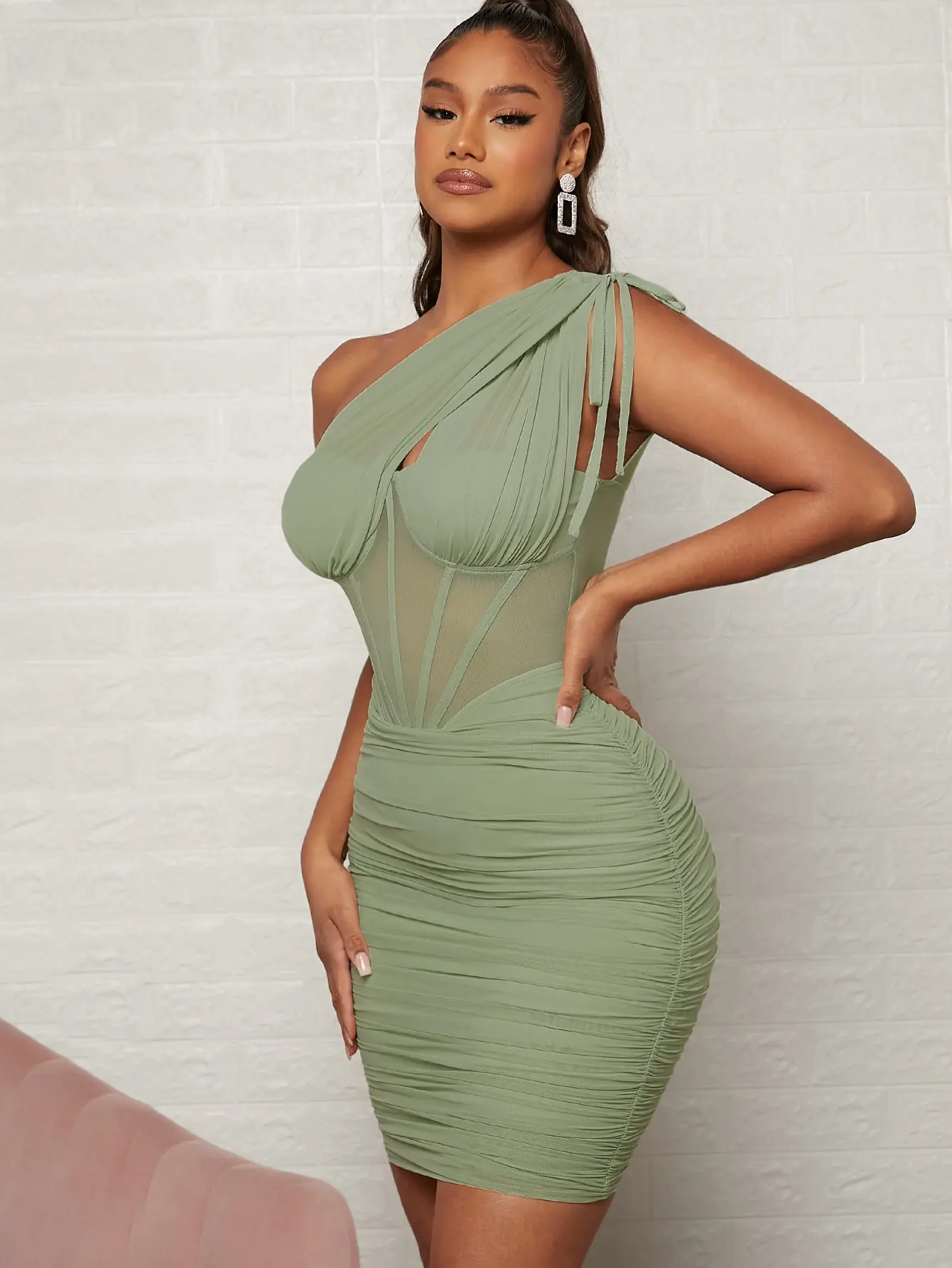 green emerald velvet dress Mint Green Short One Shoulder Ruched Dress by Poly USA S / Mint