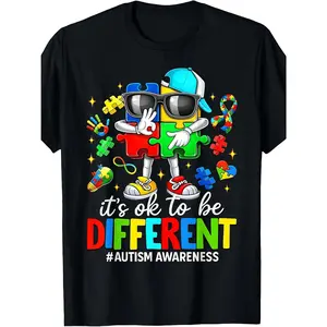 1pc Kids' Puzzle Pieces Cartoon Print Black TShirt, Crew Neck, Casual Cotton Tee,Regular Fit for Boys& Girls Children, Alphabet Pattern, for Spring/Summer/Fall Autism AwarenessEaster