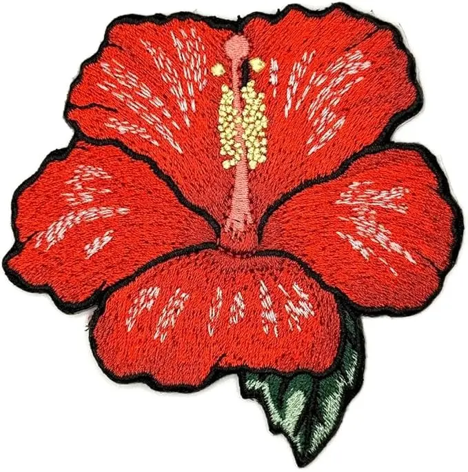 3.5" Hibiscus Iron On Patch - Embroidered Hawaiian Rose Pink Hibiscus Flower Hawaii Applique Appliques Iron On Sew On Patches for Holes, Clothing, Jeans, Hat, Backpacks, Clothes