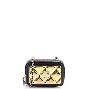 Pre-owned CHANEL Leather, Metal Clutches & Wristlets Golden Plate Zip Around Vanity Case with Chain Quilted Metal and Lambskin Extra Mini by Rebag
