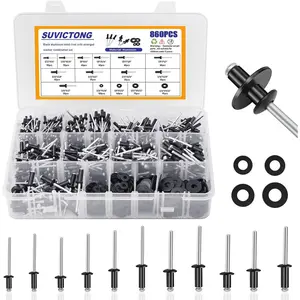860pcs Pop Rivet Assortment Kit, Black Rivets 3/32"-3/16" 11 Sizes with Washers, Aluminum Set for Furniture//Automotive