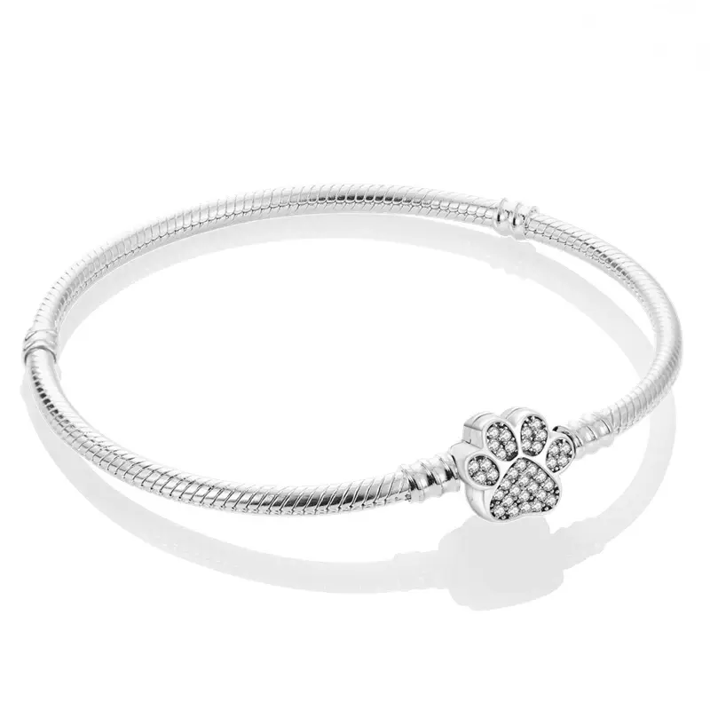 925 Silver-plated  Paw Print CZ Charm Bracelet, Snake Chain Bracelet for Women, Perfect Gift for Pet Lovers