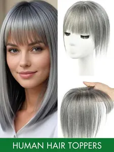Women's Silver Color Hair Extensions Hair Toppers for Women Short Bob Hair Pieces for Thinning Hair Side Part Hair Toppers For Women Real Toppers With Bangs Covers Gray Handmade Topper Hairpiece Silk Base Adds Volume Human Hair Toppers For Women Straight