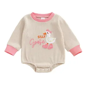 Newborn Baby Girl Silly Goose Waffles Knit Sweatshirt Bubble Romper Long Sleeve Onesie Bodysuit Jumpsuit Country Farm Fall Winter Outfit
