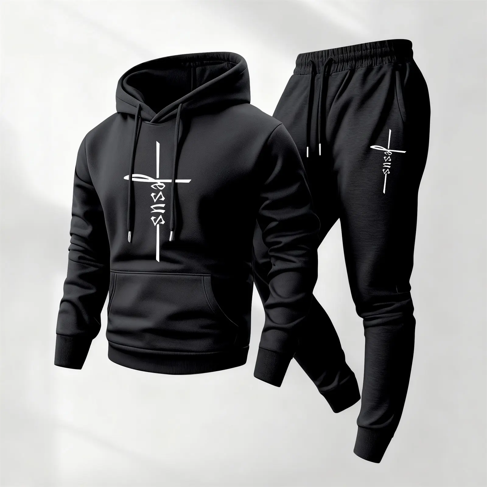Men's 2-Piece Athletic Workout Set - Jesus Printed Long Sleeve Polyester Hoodie & Drawstring Waist Sweatpants, Loose Fit Solid Tracksuit for Fall Winter Gym, Minimalist Casual Mensfashion, Universal, Machine Washable