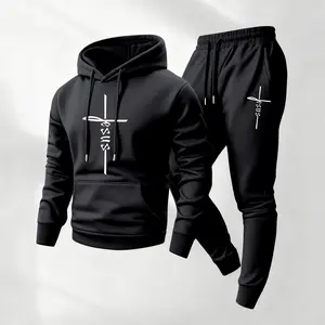 Men's Jesus Printed Hoodie and Drawstring Sweatpants Set, Menswear, Casual Athletic Long Sleeve Hooded Jacket & Trousers for Fall & Winter, Men's Clothing for Daily Wear, Sportswear Indoor Outdoor, Tracksuit, Athleisure Summer Clothes