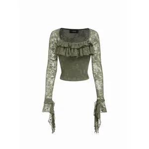 Cider Lace Square Neck Ruffle Sleeve Crop Top