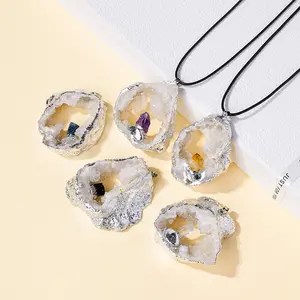 Natural Agate Geode Pendant – Raw Crystal Cave Necklace with Gemstone Inlay
