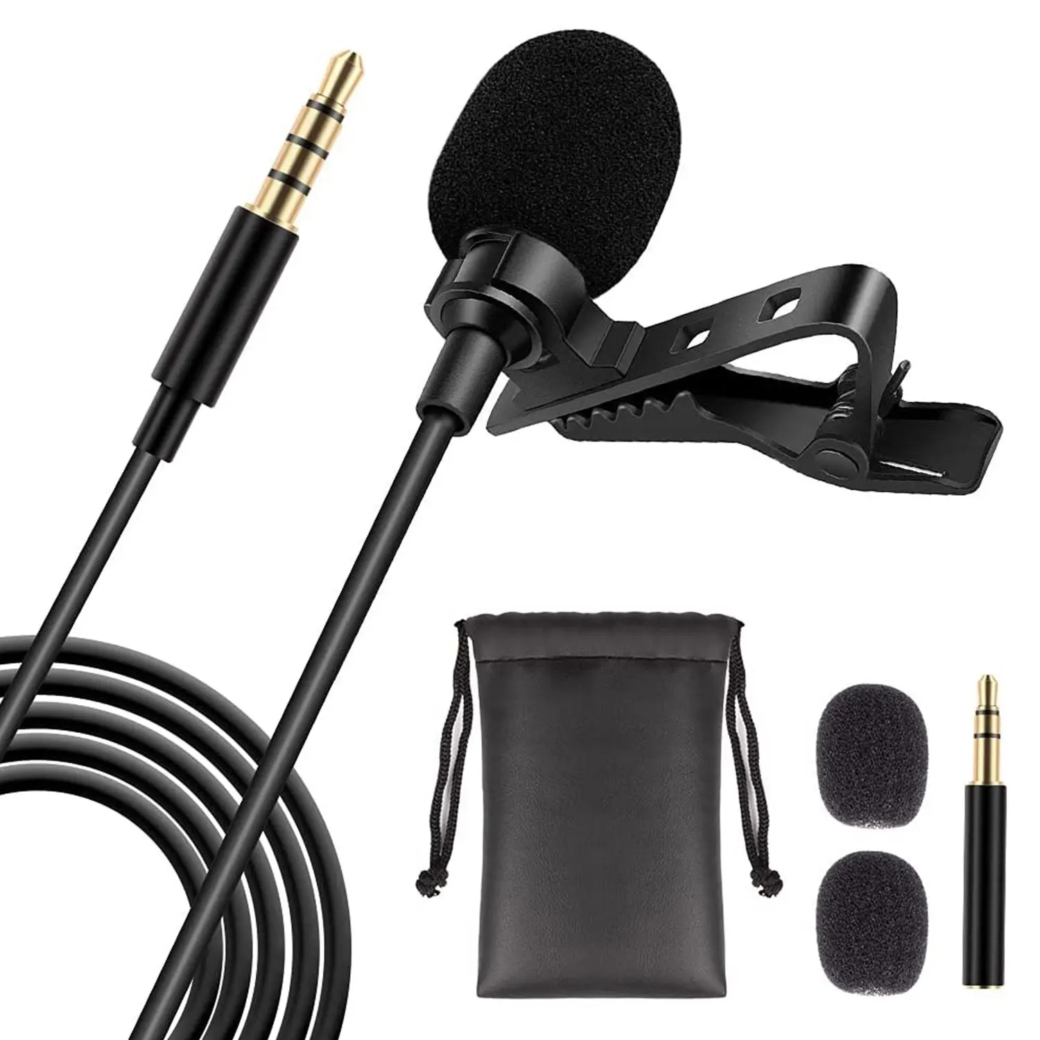 5 Core Compact Wired Professional Omnidirectional Lavalier Audio Microphone - 2M 3.5mm Clip-On Lapel Mic with Adapter for Smartphone, DSLR Camera, PC Recording