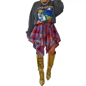 Women's Tartan Skirt High Waist Front Knot Asymmetric Hem Mini Skater Skirt Casual Womenswear Plaid Golf