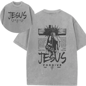Menswear Unisex Classic Pullover Tops - Acid-Washed Cotton Round Neck Tee, Polyester Hoodie & Sweatshirt with "JESUS+FORGIVE+Nail in Hand+Crown of Thorns+Bible Verses" Prints, Edgy-Faithful, Casual, Comfy Cloth for Street Outings, Daily Wear, Size M, Fabr