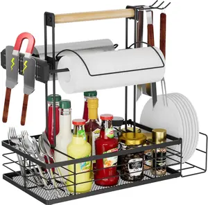 Grill Caddy with Magnetic Tool & Paper Towel Holders, Picnic Utensil Condiment Caddy, Barbecue Grill Tool Organizer for Outdoor Camping, Cooking, Camper Dish Drying Rack