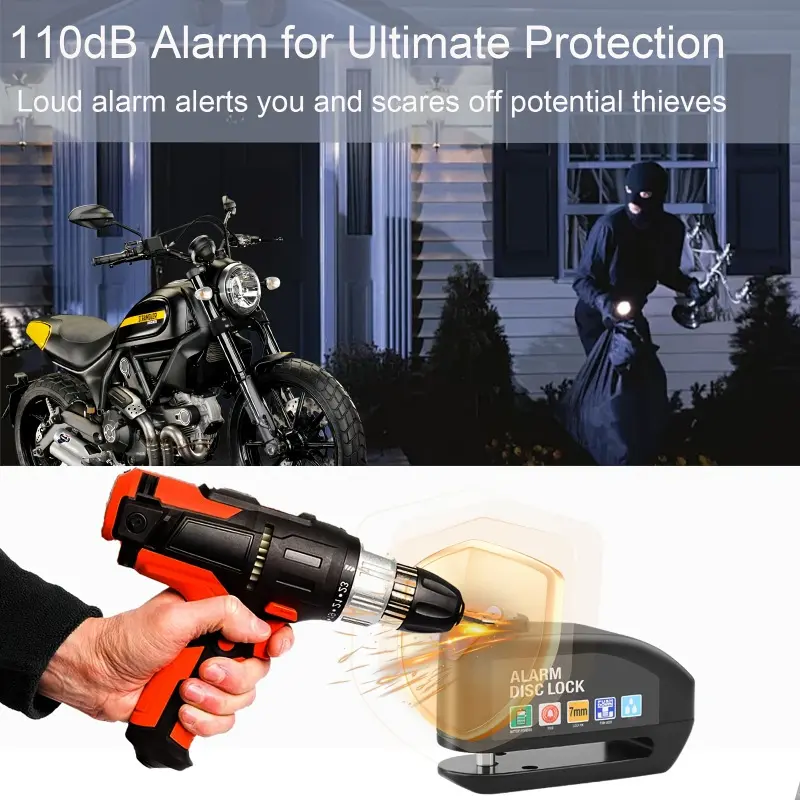 Waterproof Motorcycle Disc Brake Lock with Alarm — Anti-Theft Padlock & Security Accessory for Bicycles. Features 110dB High-Volume Alarm. Easy Installation