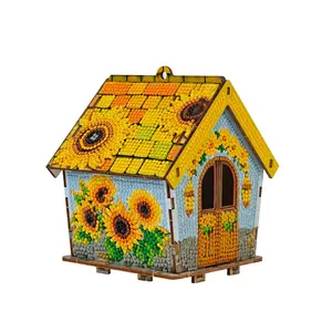 DIY Diamond Painting House Model, Sunflower Theme Art Kit, Mosaic Puzzle Wooden House Ornament, Home & Desk Decor, Gift for Craft Enthusiasts