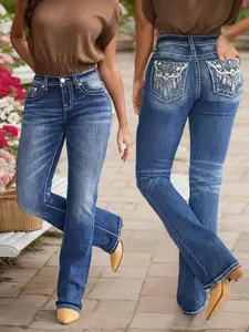 Mid-Rise Embroidered Pocket Bootcut Jeans – Slimming Stretch Denim for Women