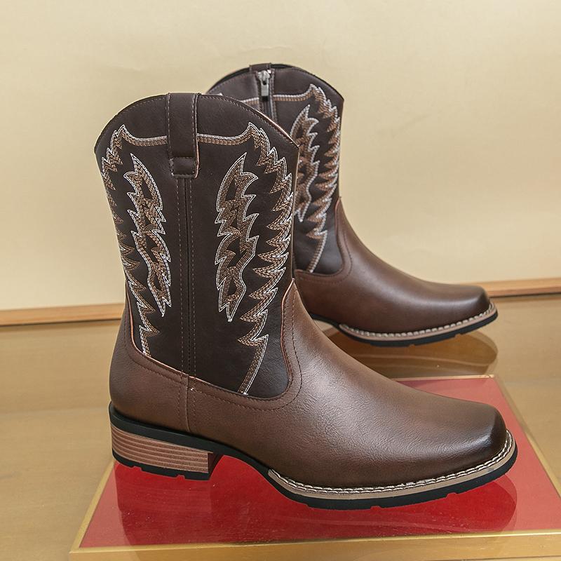 Men's Hand Embroidered Western Cowboy Boots, Vintage Brown/Black Wing Embroidery, European American Ethnic Style, Anti-Slip Sole, Closed Toe Fashion Footwear,mid-calf men