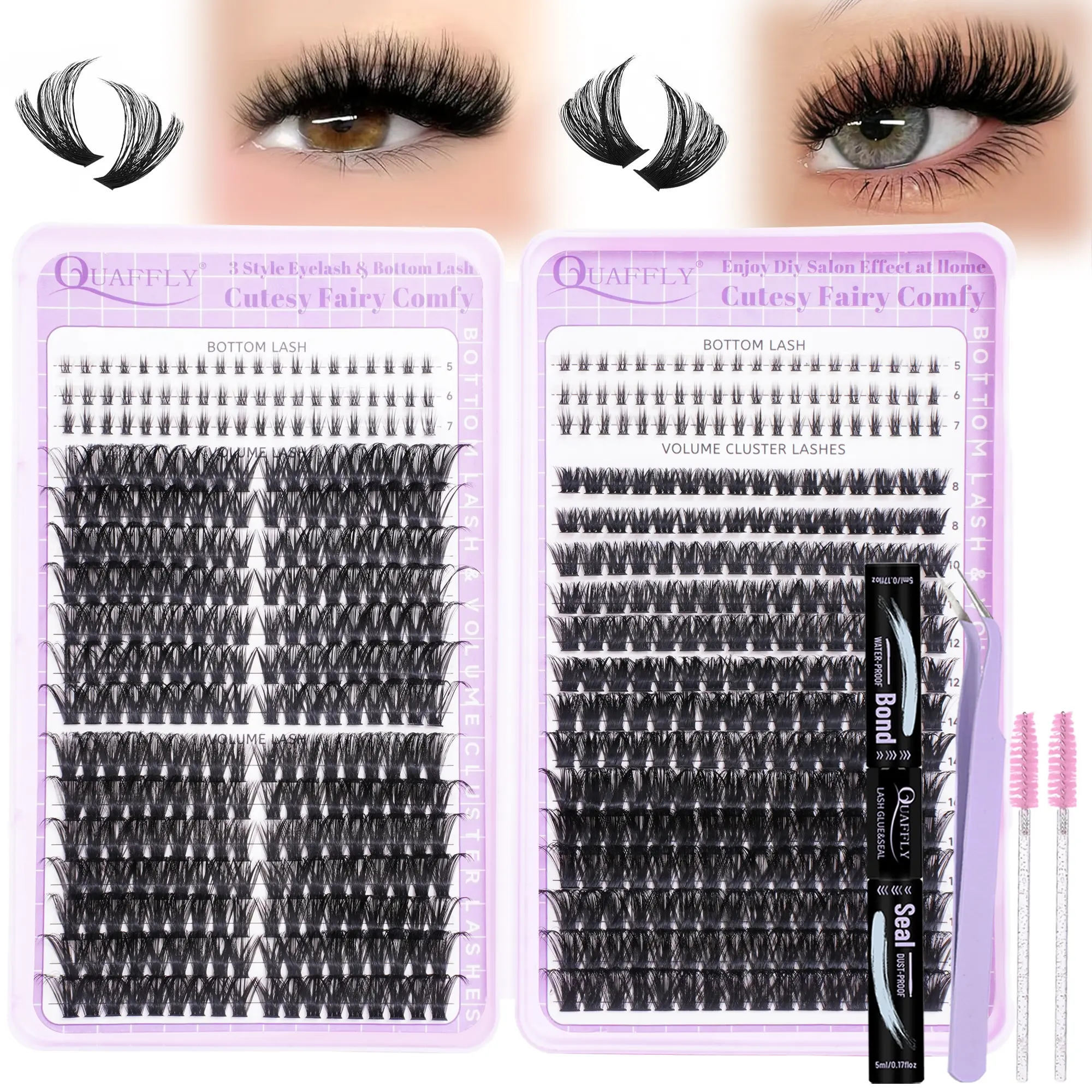 596Pcs Lash Extension Kit Cluster Lashes Kit+Bottom Lashes Clusters with Lash Bond and Seal Lash Tweezers Eyelash brush(80P 100P+Bottom Lashes Kit) DIY Lash Cluster Diy Eyelash Extensions Eyelash Extension Set