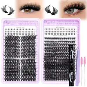 596Pcs Lash Extension Kit Cluster Lashes Kit+Bottom Lashes Clusters with Lash Bond and Seal Lash Tweezers Eyelash brush(80P 100P+Bottom Lashes Kit) DIY Lash Cluster